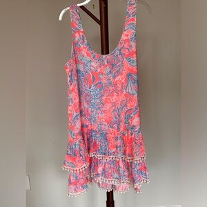 Lily Pulitzer Scoop Neck Dress- hot pink and white with Pom Poms